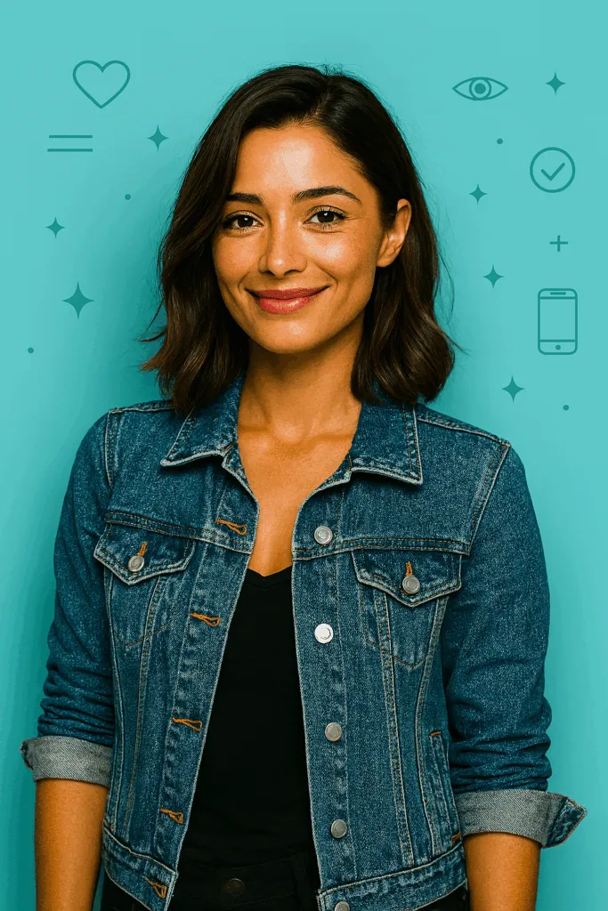 Digital Detox Leitfaden mit Lia – Klarheit, Balance & Selbstbestimmung im digitalen Alltag 13 LiaMindy28 en look urbain détox avec une veste en denim sur un fond turquoise avec des symboles détox