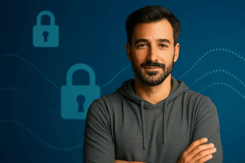 🕵️♂️ Monumentale Datenschutz-Mythen entlarvt: Was wirklich stimmt 3 Datenschutz Mythen - Leo steht vor einem digitalen Hintergrund mit Datenschutzsymbolen und blickt ruhig in die Kamera – Symbolbild für DSGVO-Mythen.