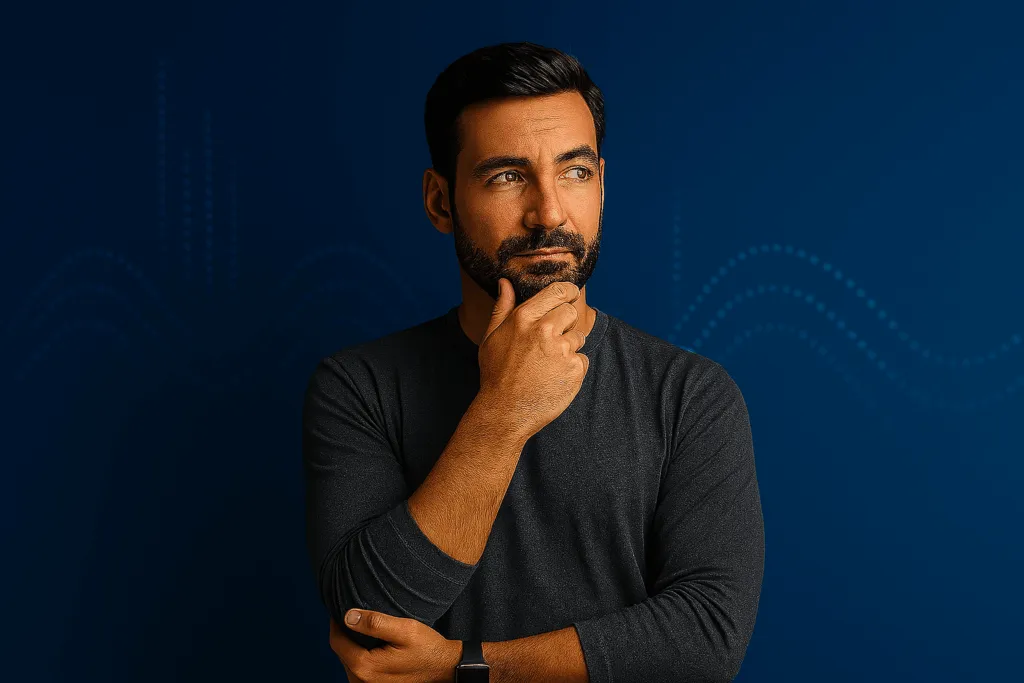 Leo pensa davanti a uno sfondo blu con onde digitali, che simboleggia il controllo algoritmico e la chiarezza digitale.