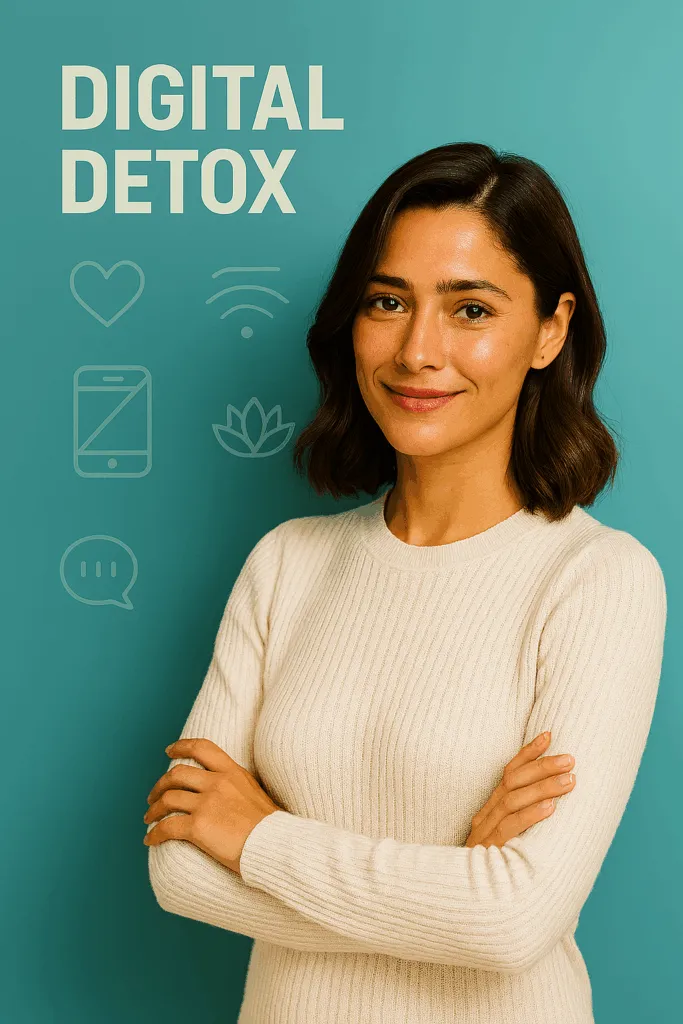 Digital Detox mit Lia – Deine Reise zu mehr Klarheit & Balance 13 LiaMindy28 dans une pose détox amicale sur un fond couleur sarcelle avec des symboles détox et l'inscription DIGITAL DETOX