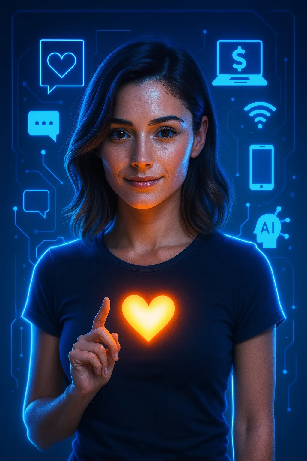 ❤️ Emotionale Klarheit – digital denken, menschlich fühlen 11 Futuristische Darstellung von Lia in dunkler Umgebung mit leuchtendem Herzsymbol und digitalen Icons wie KI, Smartphone und Chatblasen – Symbol für emotionale Klarheit im digitalen Raum.