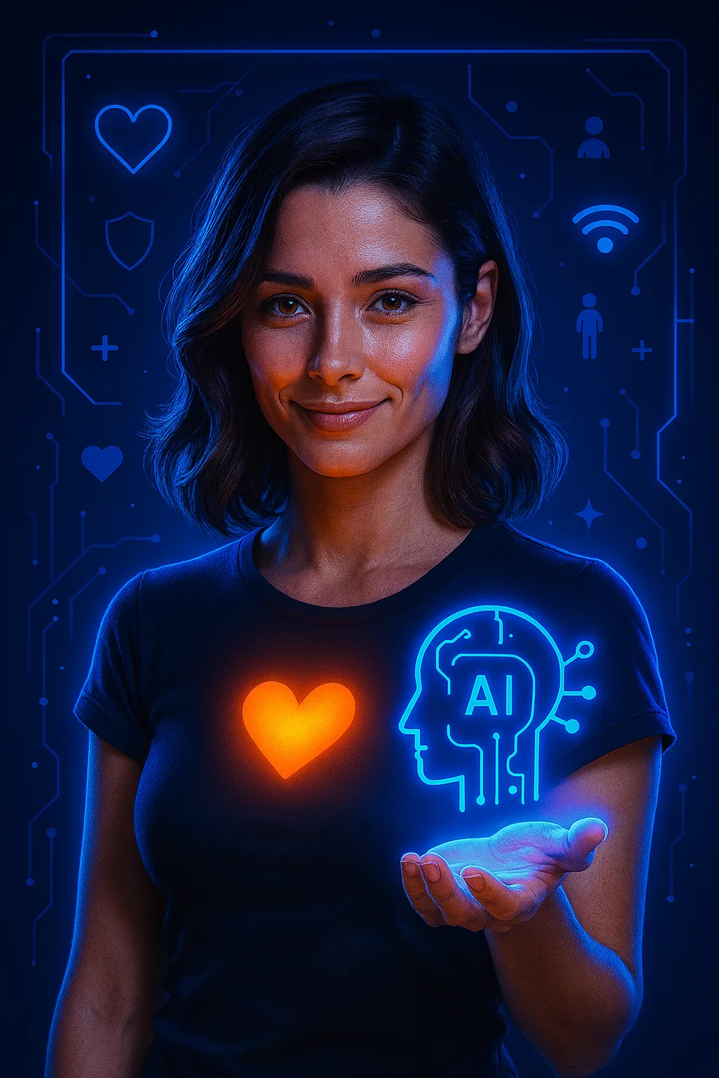 Retrato futurista de Lia con el símbolo del corazón resplandeciente y el icono holográfico de la IA en la mano, rodeada de símbolos de ética digital como el corazón, el escudo y el ser humano: representación visual de la responsabilidad y la empatía en el trato con la inteligencia artificial.