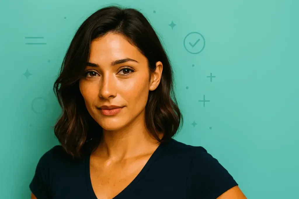 TikTok & clarté émotionnelle - Lia sur les déclencheurs, la détox et les soins personnels numériques 23 "Focus picture" : Lia se tient dans une pose calme sur un fond turquoise avec des symboles de soins personnels numériques, de clarté et de détox - représentation visuelle de l'équilibre émotionnel dans le contexte des déclencheurs TikTok.