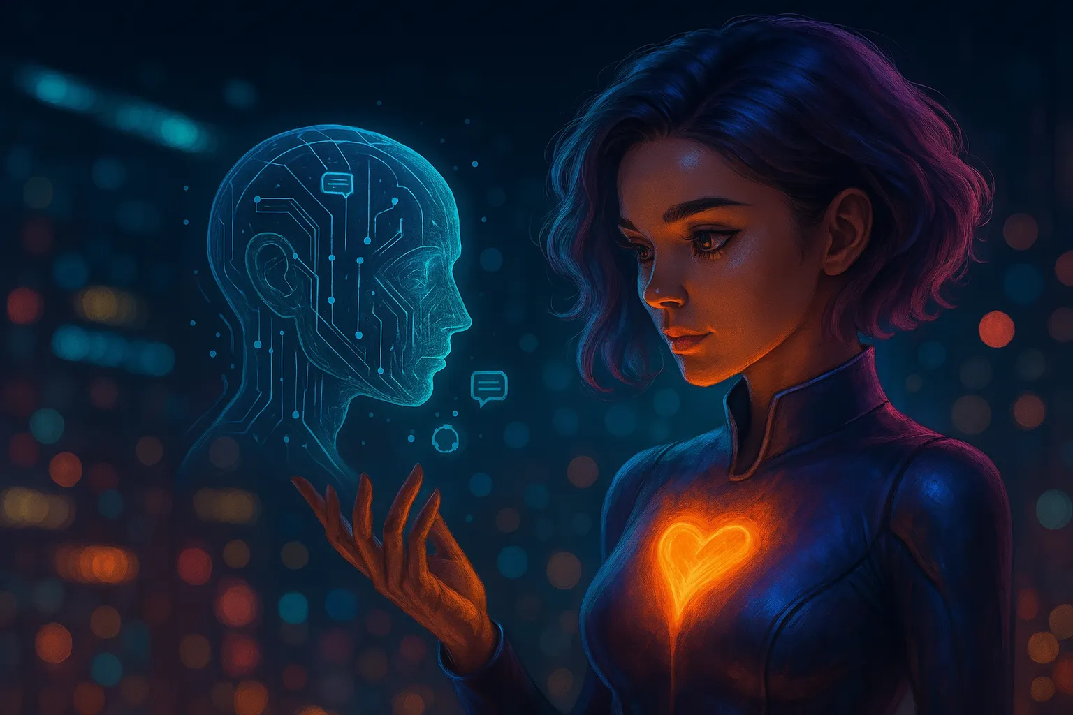 💬 Empatia digitale: come la chiarezza emotiva sta cambiando la nostra comunicazione 3 Rappresentazione futuristica di Lia con il simbolo del cuore luminoso e la testa olografica dell'intelligenza artificiale, circondata da simboli digitali - simbolo visivo di empatia digitale e chiarezza emotiva.