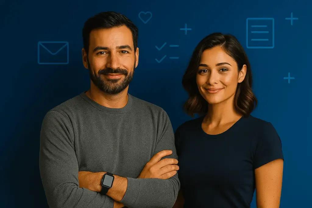 Newsletter - Digitale Klarheit beginnt bei dir 11 "Leo y Lia están uno al lado del otro frente a un fondo azul con símbolos de comunicación y claridad - representación visual del boletín MindOnDigital
