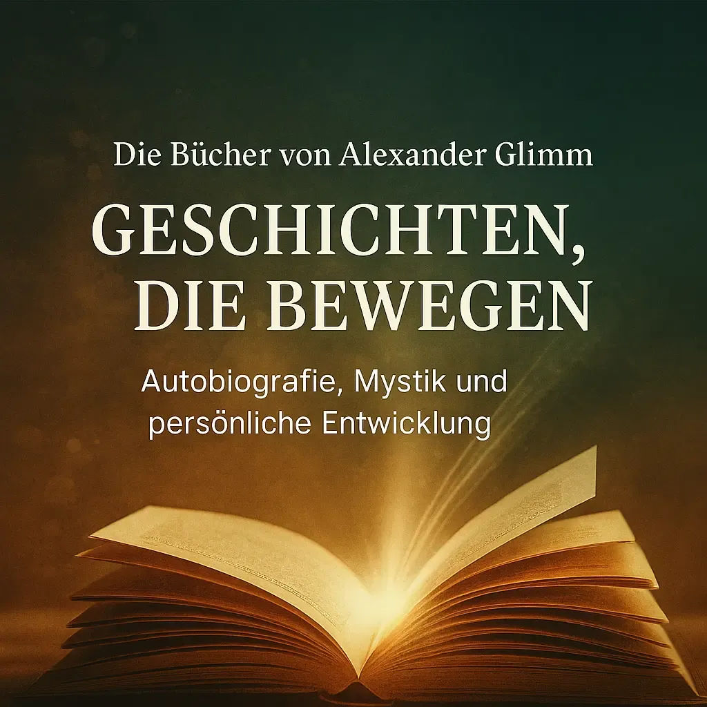 Buchprojekt Alexander Glimm – Geschichten, die bewegen 3 Buchprojekt Alexander Glimm – offenes Buch mit Lichtstrahlen, Symbol für autobiografische Entwicklung und mystische Erkenntnis.