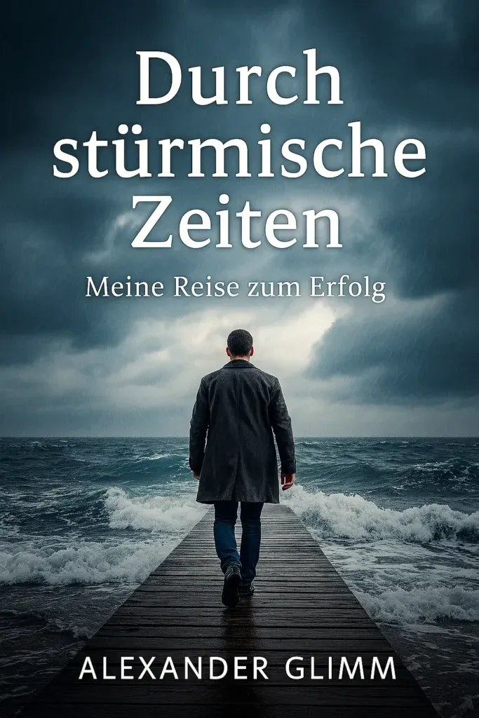 Durch stürmische Zeiten – Alexander Glimm 3 Durch stürmische Zeiten – Buchcover von Alexander Glimm mit Mann auf Pier im Sturm, Symbol für Disziplin und Selbstbestimmung.