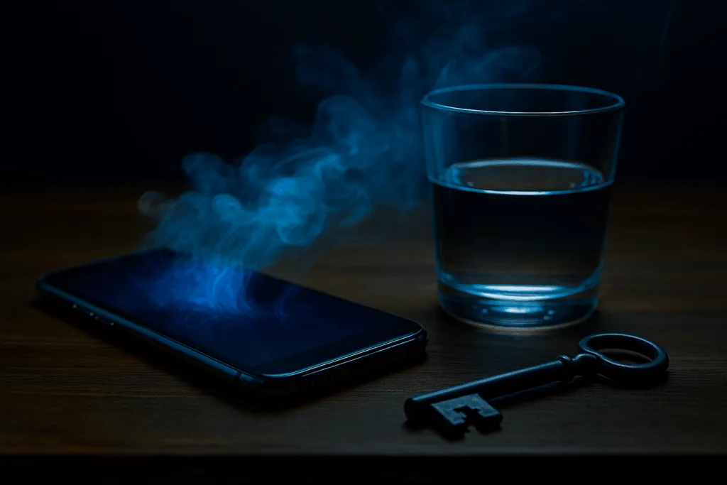 Hört Meta dich ab? Nein — aber deine Daten verraten mehr, als du denkst 🔍🔒 11 Smartphone auf Holzoberfläche mit blauem Nebel, der zu einem Glas und einem alten Schlüssel zieht — Visuelle Metapher für Daten, Privatsphäre und Zugriff.