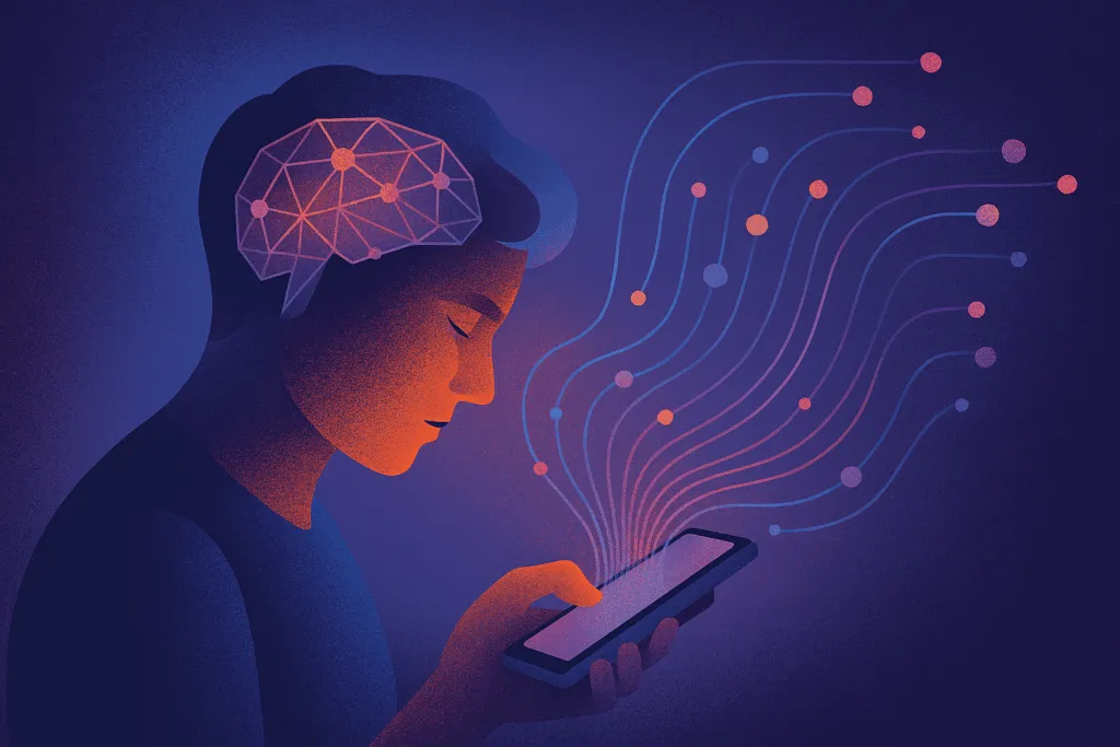 Emotionale Algorithmen: 7 unsichtbare Mechanismen, die deine digitalen Beziehungen steuern 6 Illustration eines Menschen, der mit einem Smartphone interagiert, während neuronale Linien vom Gerät zum Gehirn führen – symbolisiert emotionale Algorithmen in sozialen Medien.